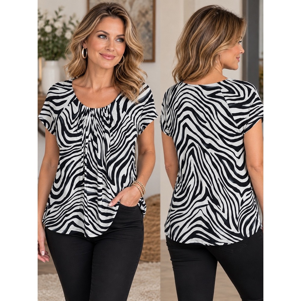 Josephine Chaus Zebra Print Blouse Top Size M Black White Mob Wife Y2K NWT